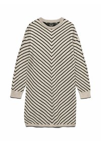 Abito maglione in maglia di colore beige chiaro con strisce a chevron nere. Presenta maniche lunghe e scollo rotondo. Tessuto morbido con polsini a coste.