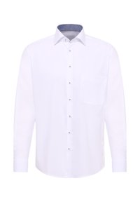 Weißes Langarmhemd aus Baumwolle. Verfügt über einen klassischen Kragen mit einem blau-weiß gemusterten Innenfutter, sechs metallischen Knöpfen und einer Brusttasche.