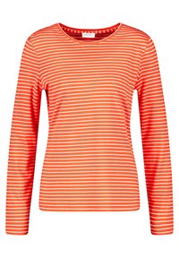 Langärmliges T-Shirt, orange mit weißen horizontalen Streifen, runder Ausschnitt, glattes Baumwollmischgewebe, lässige Passform, ohne zusätzliche Akzente.