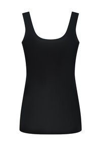 Zwart tanktop met een ronde halslijn, brede bandjes en een gladde, aansluitende pasvorm. Gemaakt van rekbaar materiaal, geschikt voor layering.
