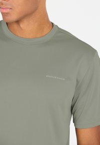 Lyhythihainen urheilupaita haalistuneen vihreänä. Valmistettu sileästä kankaasta, jossa on pyöreä pääntie. Rintakehässä on hopeinen "ENDURANCE" -logo.