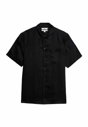 Černá košile s krátkými rukávy z texturované látky s přední kapsou, zapínáním na knoflíky a klasickým límečkem.