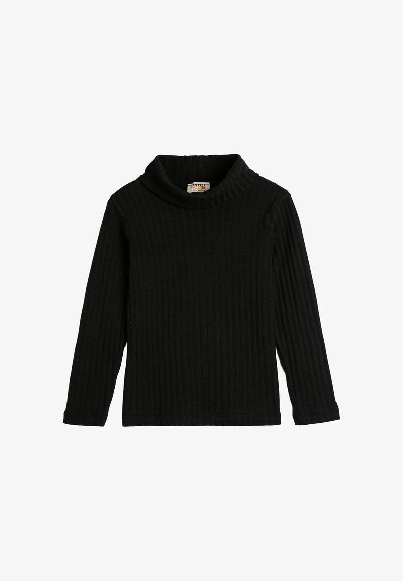 Sort ribbet turtleneck sweater til børn med lange ærmer og en blød tekstur. Har en høj krave og lige kant.