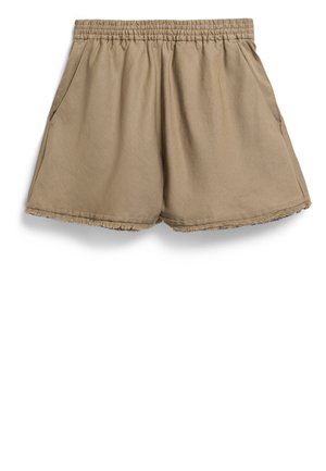 Shorts en coton kaki avec une taille élastique, poches latérales et ourlet effiloché. Texture douce et coupe ample pour plus de confort.