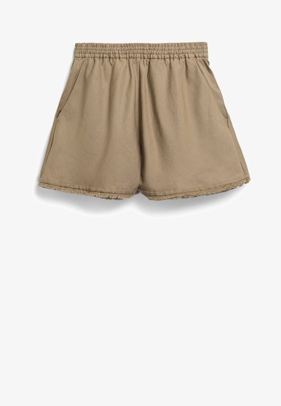 Khaki bawełniane szorty z elastycznym pasem, bocznymi kieszeniami i postrzępionym dołem. Miękka tekstura i luźny krój dla wygody.