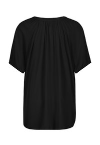 Schwarze kurzärmlige Bluse mit lockerer Passform, runder Halsauschnitt und gerafften Details am Hals und an den Schultern. Glatte Textur.