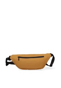 Marsupio in tessuto giallo senape con superficie testurizzata. Presenta una tasca frontale con zip e cinturini neri regolabili per una vestibilità sicura.