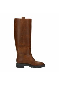 Brown leather knee-high boot with a sleek design, round toe, block heel, and pull tab on the back. Smooth texture, minimal stitching accents.