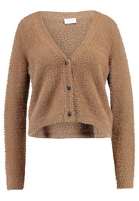 Tan fluffig cardigan med V-ringning, fem-knappsstängning och långa ärmar. Mjuk textur med en något kortare nederkant.