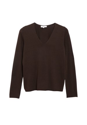 Pull marron foncé à manches longues avec col en V, design simple et coupe standard, présenté sur fond blanc.