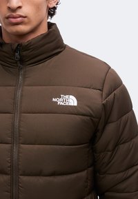 Homme portant une veste matelassée marron avec un col montant, fermeture éclair fermée, avec un logo blanc "The North Face" sur la poitrine.