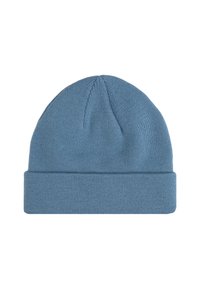 Gorro de punto azul con puño acanalado, que presenta una textura suave y un diseño sin costuras, ideal para llevar de manera casual en climas fríos.