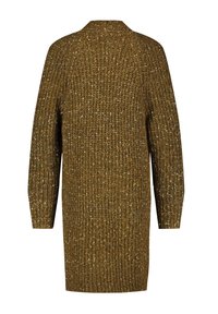 Brauner Strickcardigan mit gerippter Textur, langen Ärmeln und Schalkragen. Verfügt über metallische Fäden für subtile Einschlüsse.