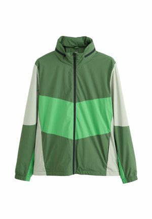 Grüne und hellgraue Reißverschlussjacke mit hohem Kragen und elastischen Bündchen, mit einem hellgrünen horizontalen Chevron-Streifen über der Brust.