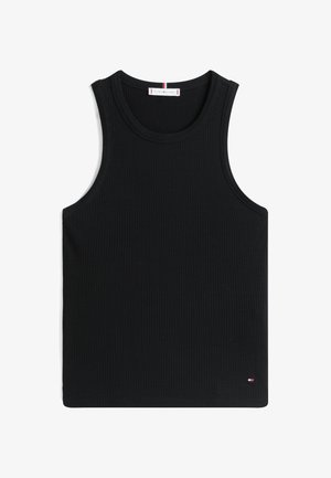 Schwarzes Tanktop aus geripptem Stoff. Mit rundem Halsausschnitt und weiten Armausschnitten. Kleines Logodetail am Saum.