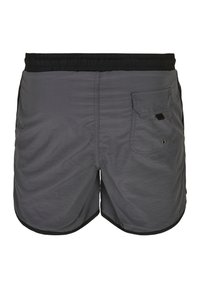 Shorts de bain gris avec une taille élastique, dotés d'une poche arrière et d'un liseré noir le long de l'ourlet. Texture de tissu lisse et léger.