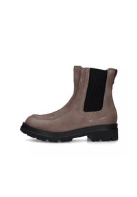 Stivaletto in suede grigio chiaro con pannello elastico nero, punta rotonda e suola nera spessa con battistrada per una migliore aderenza.