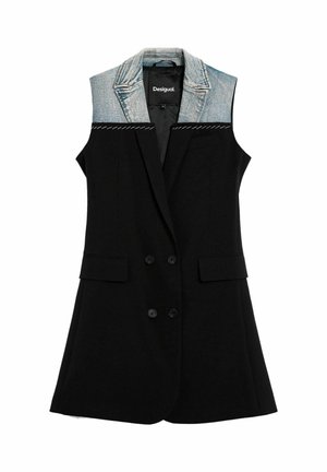 Black sleeveless blazer with double-breasted buttons, featuring a denim collar and stitched accent. Smooth fabric with structured shoulders.