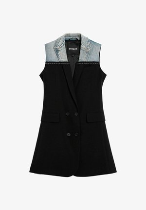 Black sleeveless blazer with double-breasted buttons, featuring a denim collar and stitched accent. Smooth fabric with structured shoulders.