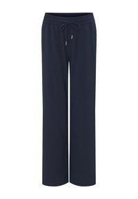 Pantalons larges bleu marine en tissu doux, avec une taille élastique et un cordon de serrage, ainsi que de petites accents métalliques. Sans poches.