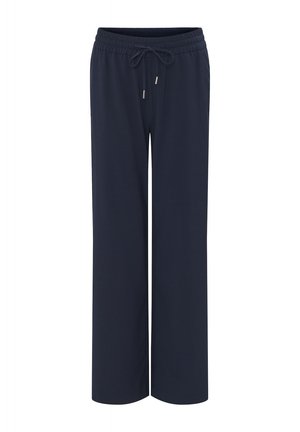 Marineblaue weite Hosen aus weichem Stoff, mit einem elastischen Bund und Kordelzug sowie kleinen metallischen Akzenten. Keine Taschen.