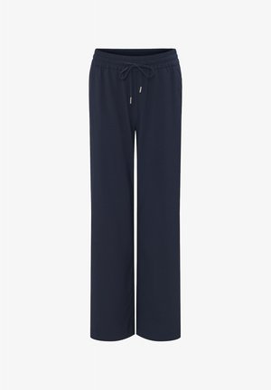 Marineblaue weite Hosen aus weichem Stoff, mit einem elastischen Bund und Kordelzug sowie kleinen metallischen Akzenten. Keine Taschen.