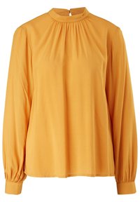 Långärmad blus i klargul tyg, med hög halsringning, rynkdetaljer och elastiska ärmslut. Slät, lätt textur.