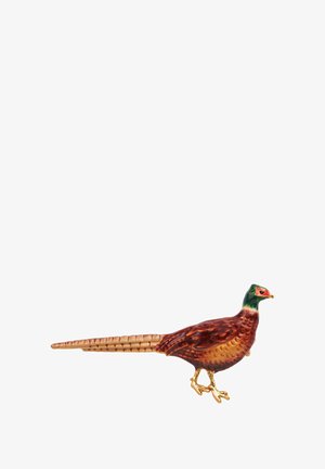 Figurine en céramique de faisan avec un plumage multicolore, présentant des bruns, des verts et des rouges riches. Accents dorés sur les pattes et le bec, texture détaillée.