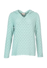 Hellblaues Strickhoodie mit V-Ausschnitt, langen Ärmeln und gewelltem Saum. Verfügt über ein Spitzenmuster im gesamten Stoff für Textur.