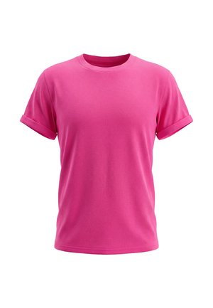 Felroze T-shirt met korte mouwen en een ronde hals met opgerolde manchetten, van voren getoond op een effen witte achtergrond.