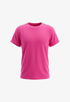 Lyserød t-shirt med korte ærmer og rund halsudskæring med opfoldede manchetter, vist forfra mod en hvid baggrund.