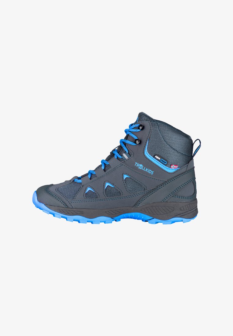Kinder-Wanderschuhe in dunklem Grau mit blauen Akzenten. Verfügen über ein Obermaterial aus Synthetik, Mesh-Einsätze, verstärkte Zehenpartie und eine strukturierte Gummisohle.