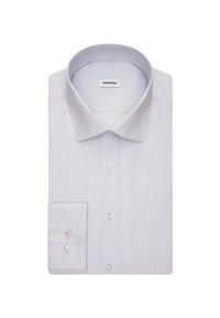 Lichtblauw gestippeld overhemd met een spread collar, lange mouwen en knopenmanchetten, met een subtiele stippenpatroon.