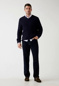 Pull en maille côtelée bleu marine, chemise blanche à col en dessous, associé à un pantalon foncé et des mocassins marron ; debout devant un fond uni.