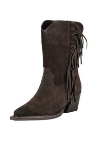 Bota vaquera de ante marrón con punta afilada, cortes laterales y flecos decorativos a lo largo del lateral exterior. El tacón apilado completa el diseño.