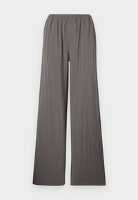 Pantalons à jambes larges en tissu texturé gris foncé. Dotés d'une taille élastique et d'un ourlet piqué.