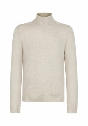 Lys beige turtleneck sweater lavet af blødt strikket stof. Har ribbede manchetter og krave med en lige skåret kant, der giver en glat tekstur.