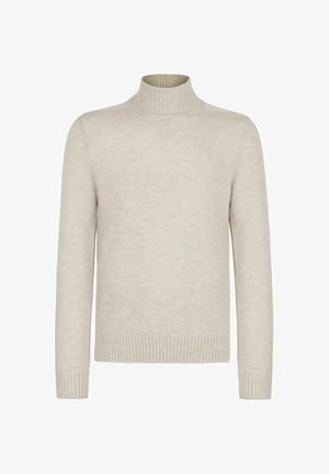 Lys beige turtleneck sweater lavet af blødt strikket stof. Har ribbede manchetter og krave med en lige skåret kant, der giver en glat tekstur.