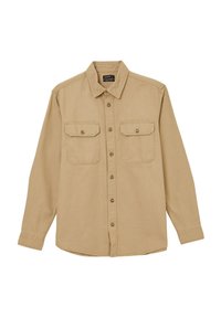 Beige Langarm-Hemd mit Knöpfen, spitzem Kragen, zwei Brusttaschen und abgerundetem Saum. Hergestellt aus weichem Stoff mit glatter Textur.