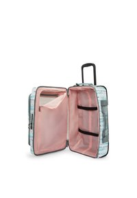 Borse da viaggio su ruote con un design colorato di foglie di palma, accenti grigi, interno rosa, tasca con zip e più scomparti per un'organizzazione ottimale.