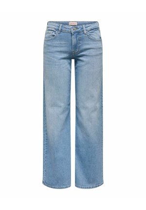 Šviesiai mėlynos spalvos tiesių kojų džinsai su priekinėmis ir galinėmis kišenėmis, diržo kilpelėmis, sagos ir užtrauktuko uždarymu.