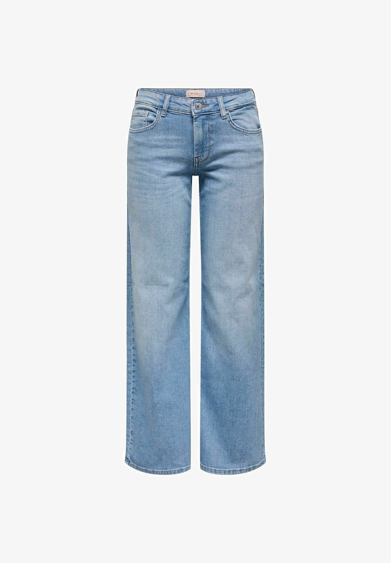 Lichtblauwe denim jeans met rechte pijpen, voor- en achterzakken, riemlussen, en een sluiting met knoop en rits.