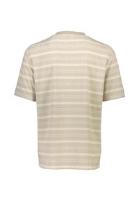 Camisa de manga corta beige con rayas horizontales de colores claros; tejido suave con una textura lisa; cuello redondo; ajuste relajado.