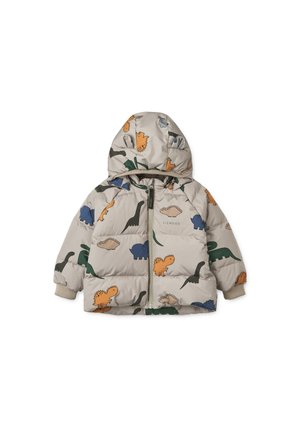 Doudoune pour enfant beige clair avec capuche, ornée d'illustrations colorées de dinosaures et fermeture éclair à l'avant.