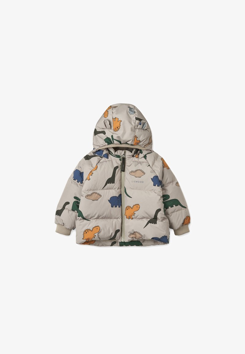 Doudoune pour enfant beige clair avec capuche, ornée d'illustrations colorées de dinosaures et fermeture éclair à l'avant.