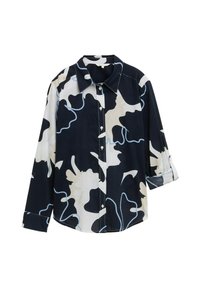Chemise à manches longues à motif noir et blanc, dotée d'un grand col, d'une fermeture à boutons, de détails en bleu et de manches retroussées.