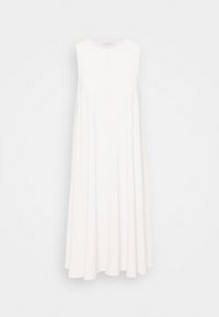 Robe midi blanche sans manches avec un col rond et une jupe évasée plissée, présentée sur un fond uni.