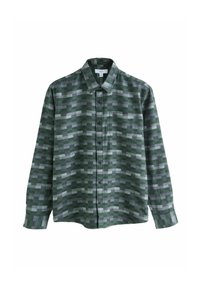 Vihreä ja harmaa kuviollinen pitkähihainen paita, jossa on napillinen kaulus, etunapit ja hillitty ruutukuosi.