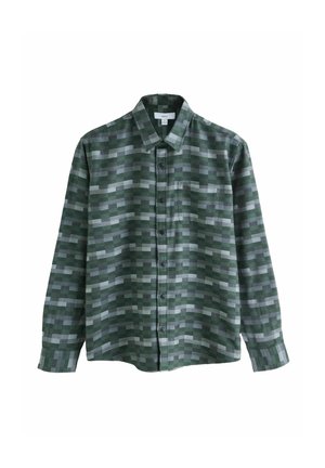 Zeleno-sivá vzorovaná košile s dlouhým rukávem, která má límec se zapínáním na knoflíky, přední knoflíky a jemný kostkovaný vzor.