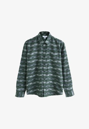 Cămașă cu mânecă lungă, în nuanțe de verde și gri, având guler butonat, nasturi pe față și un design discret în carouri.